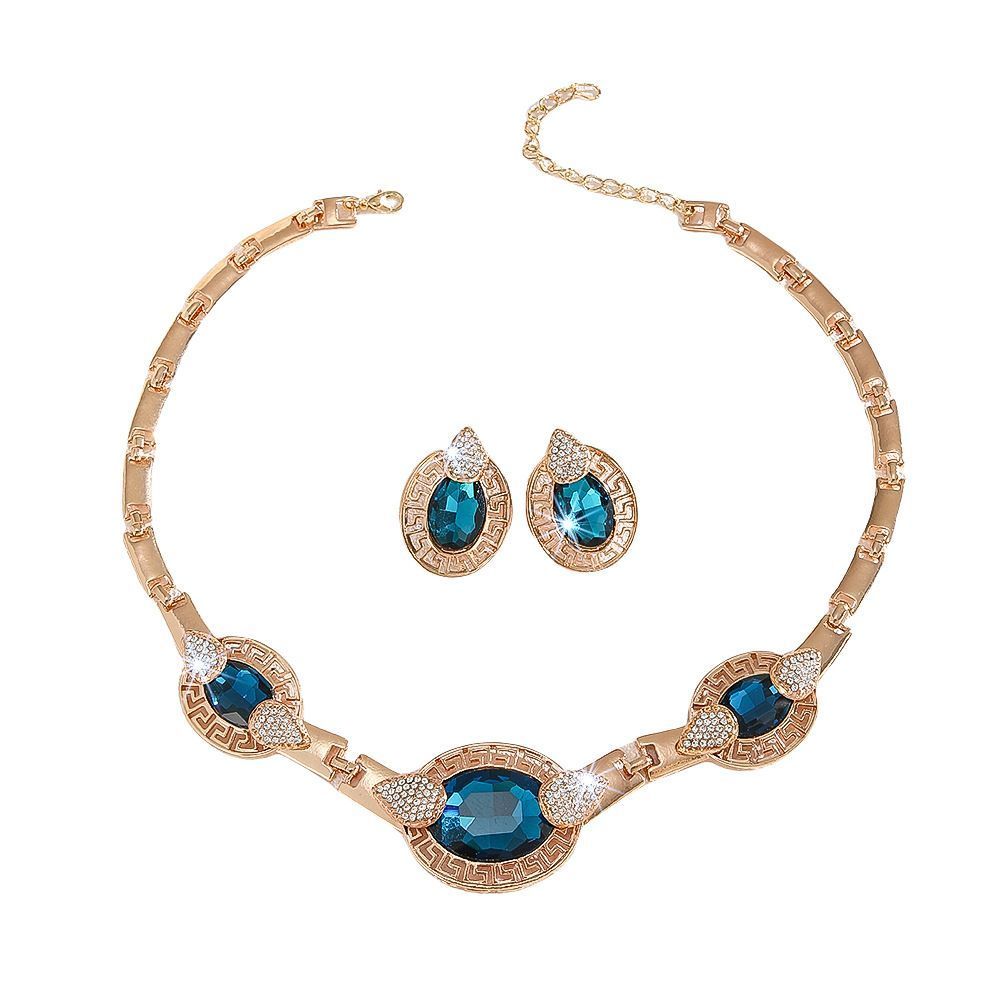 Elegant Blue Crystal Gold-plated Necklace and Earrings Set Women Jewelry