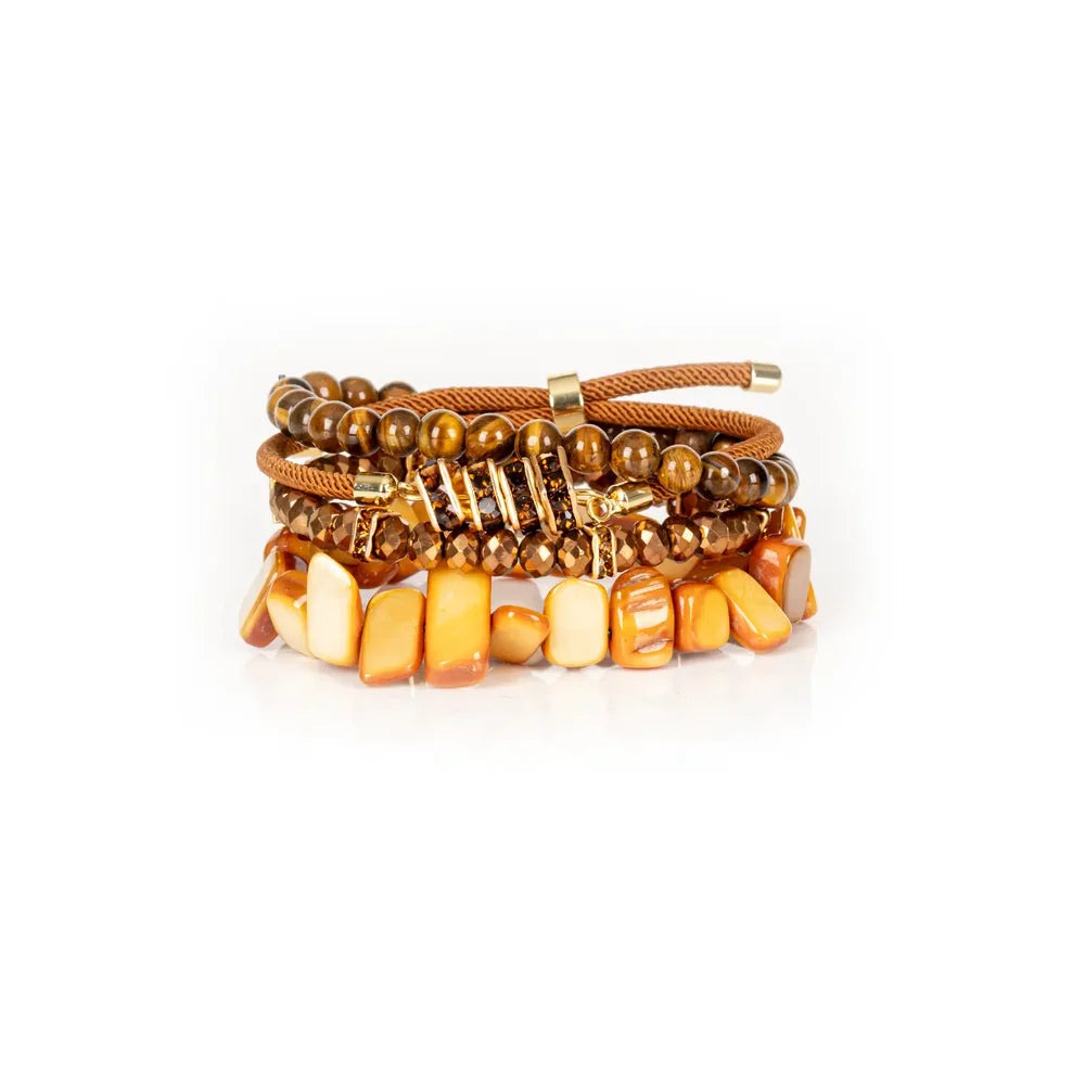 The Dark The Golden Ember Brown & Amber Stone Layered Bracelet Set