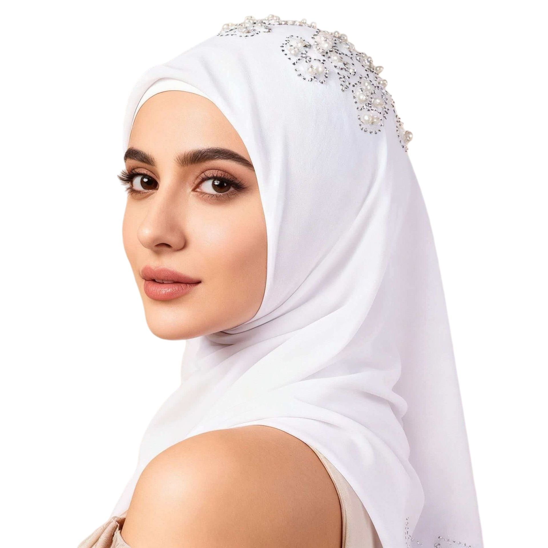 White Rhinestone Pearl Chiffon Hijab Scarf Square Head Wrap