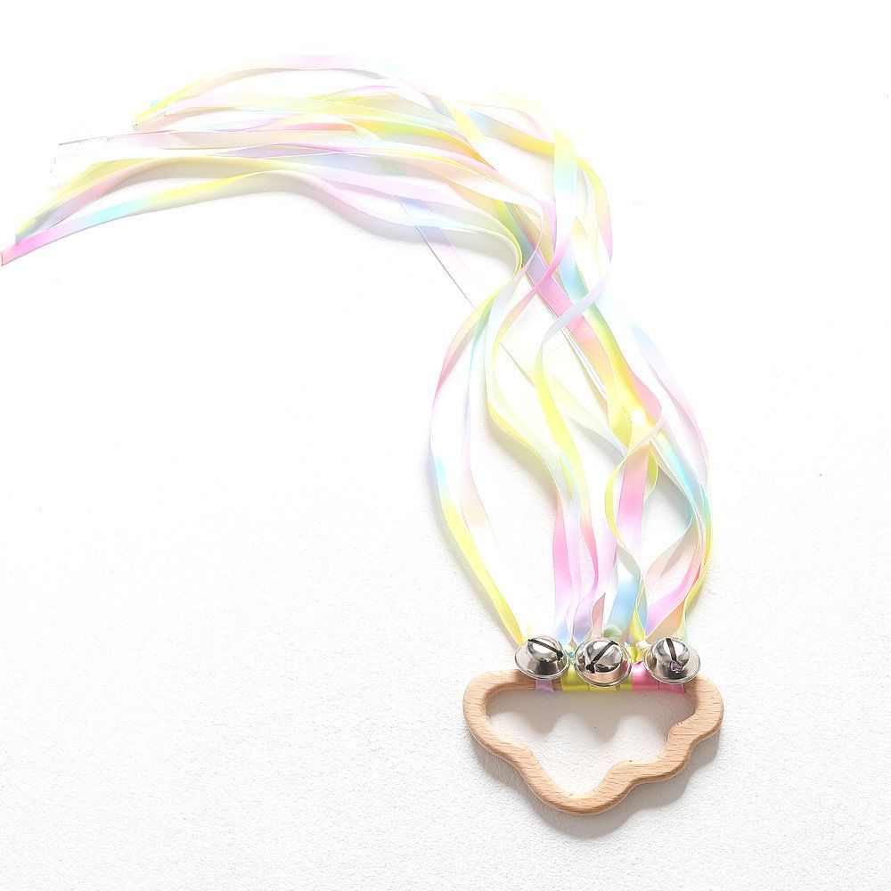 2pcs Rainbow Ribbon Rattle Ring Toys Molar Wooden Circle Baby Teether Sensory Toy Gifts