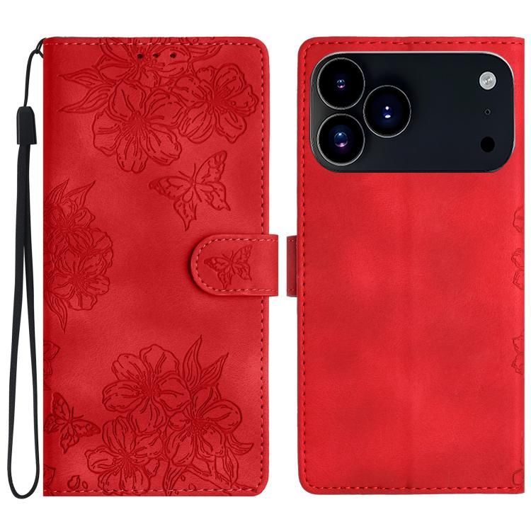 For iPhone 18 Pro Max / iPhone 17 Pro Max Cherry Blossom Butterfly Skin Feel Embossed PU Phone Case