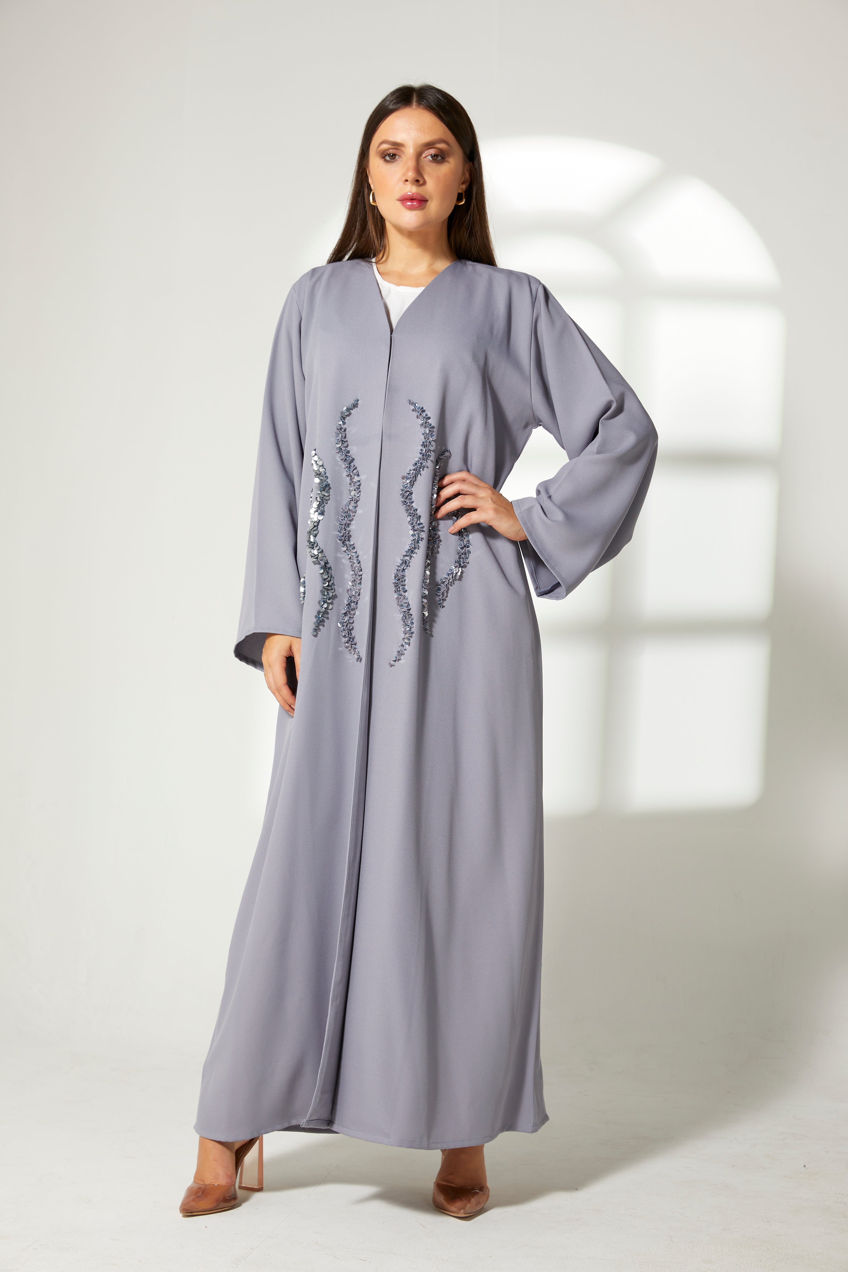 MOiSTREET Grey Korean Crepe Embroidery Abaya