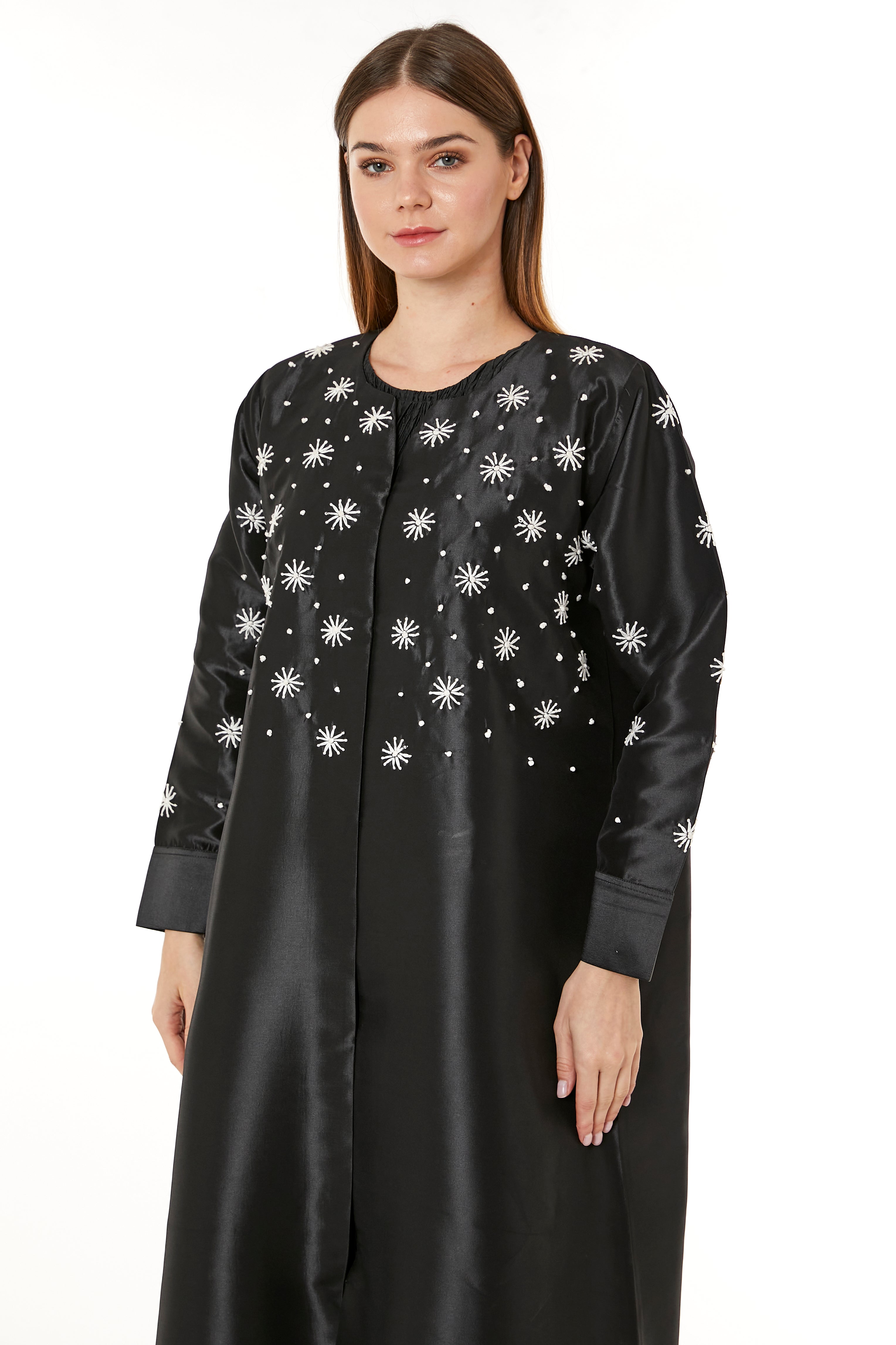 Black Victoria Satin Embroidered Abaya