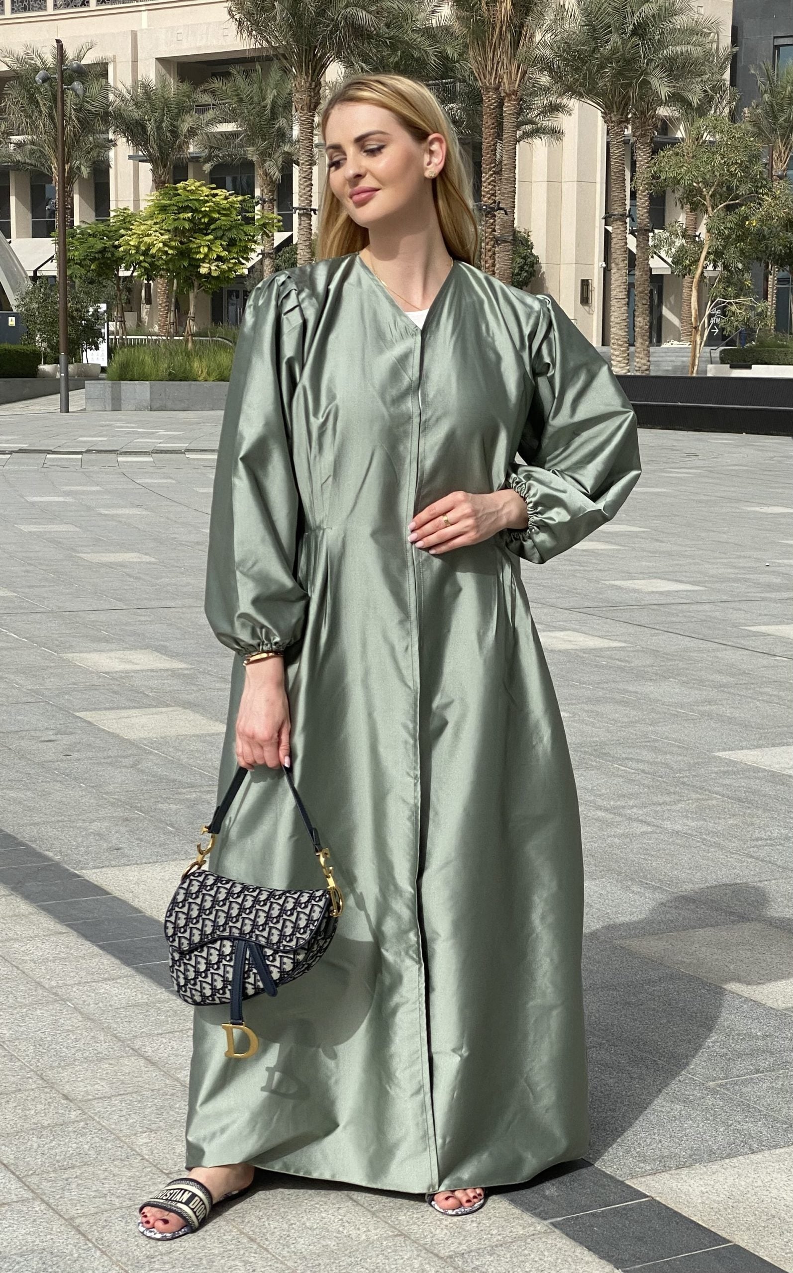 MOiSTREET Green Victoria Satin Abaya Set with Under Dress & Sheila