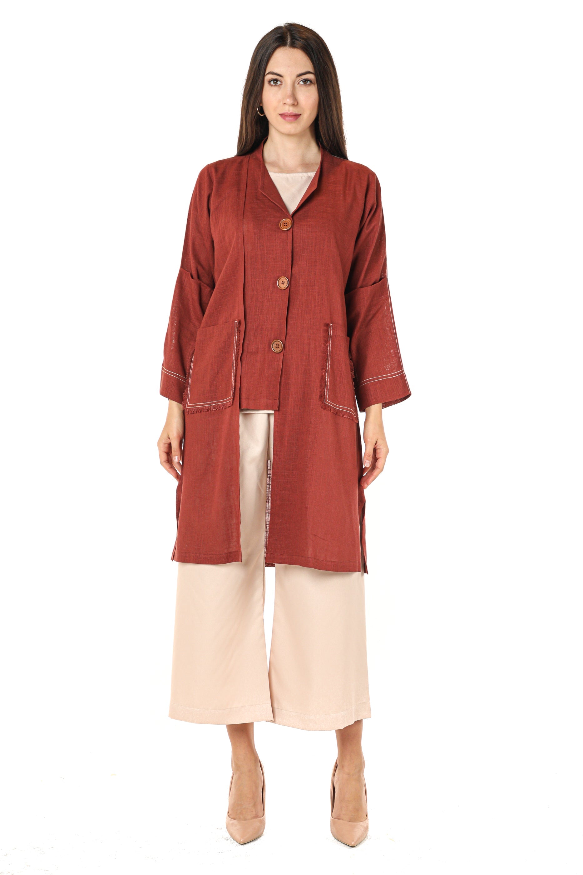 MOiSTREET Maroon Linen Fabric With Crepe Top And Pants