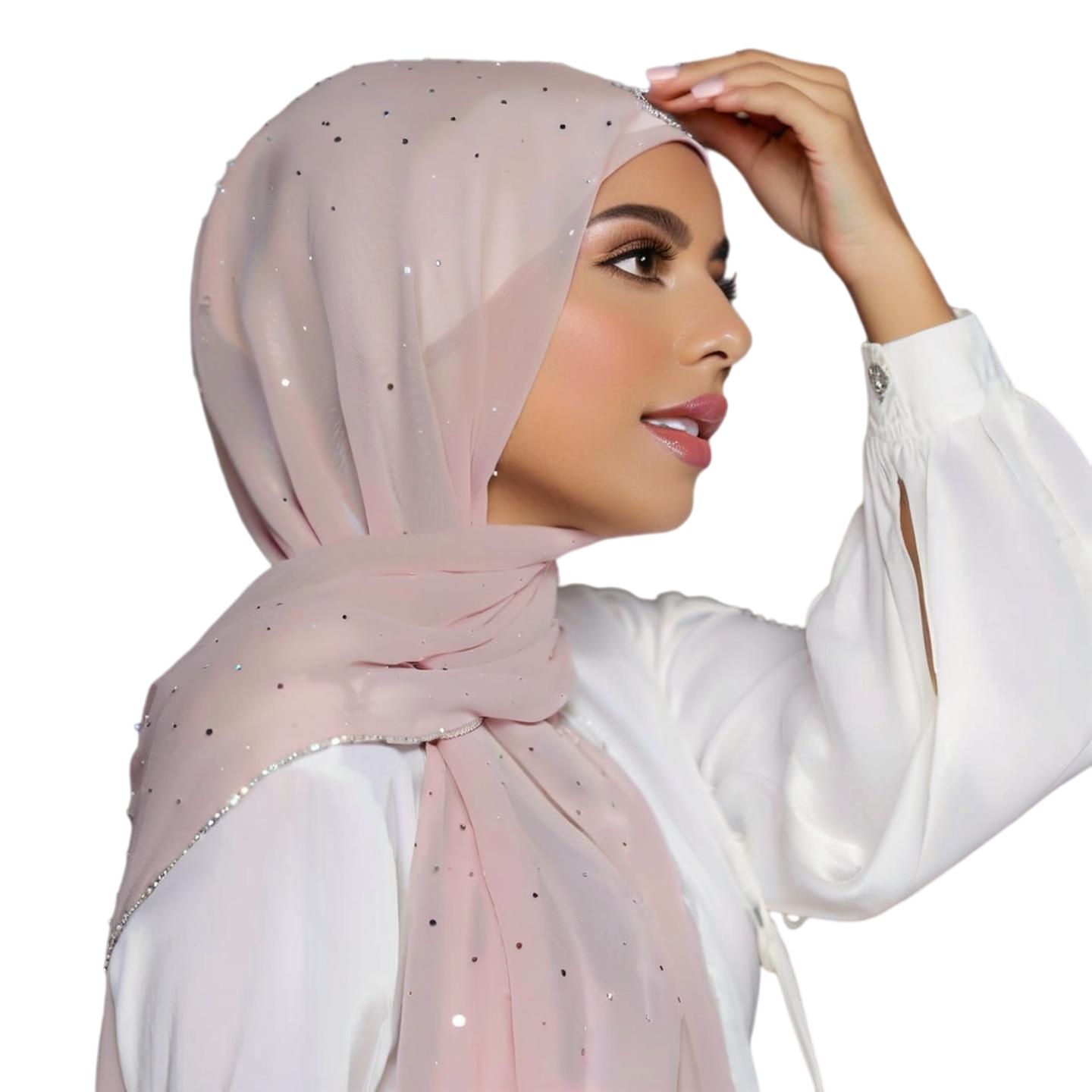 Pink Chiffon Rhinestone Pearl Hijab Scarf for Women