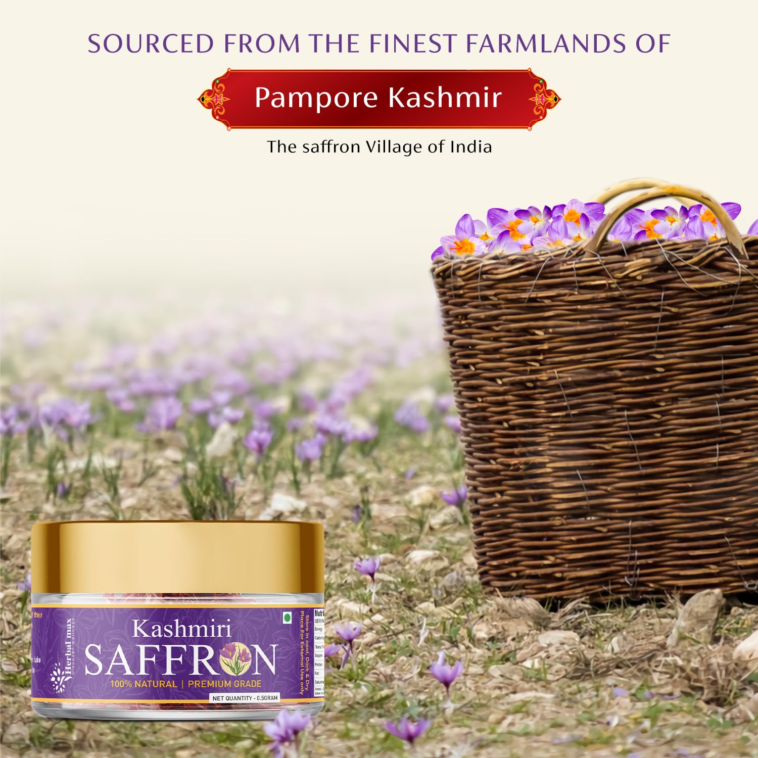 Herbal max Original Kashmiri Mongra Saffron/Kesar 0.5 Gram