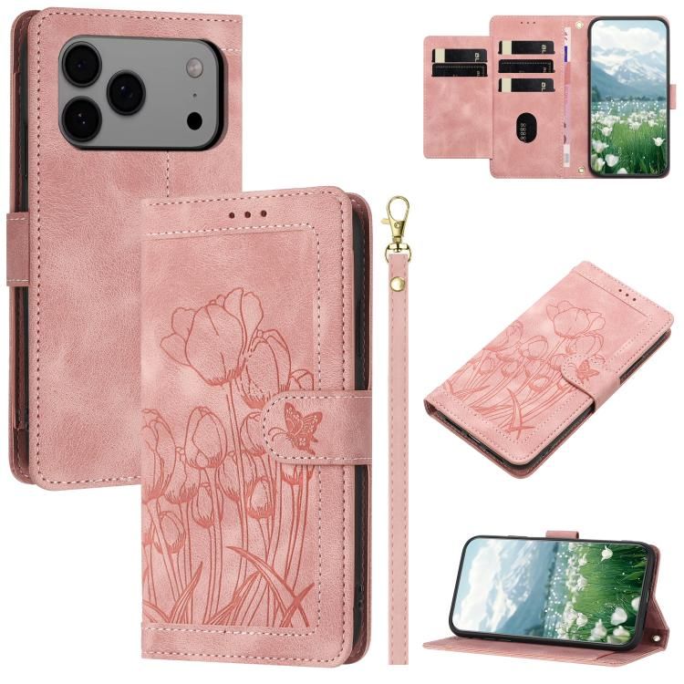 For iPhone 18 Pro Max / iPhone 17 Pro Max Tulips Embossed Leather Phone Case with Lanyard