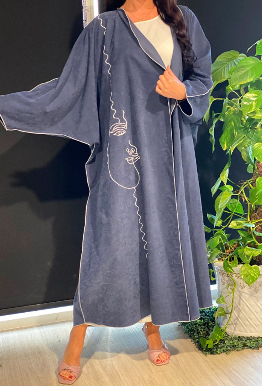 MOiSTREET Blue Bisht Style Abaya with Thread Work