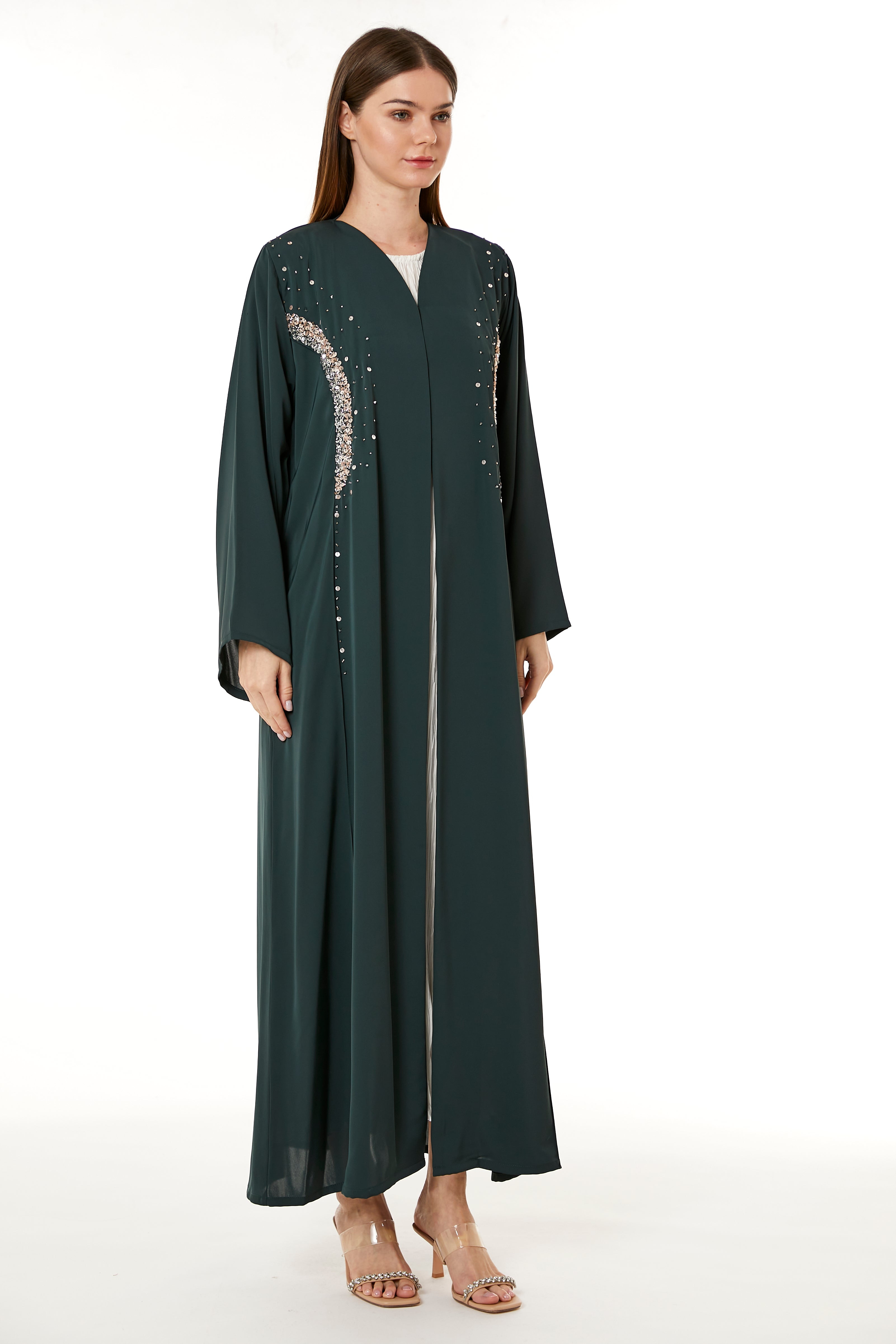 MOiSTREET Dark Green Korean Nida Hand Embellished Abaya