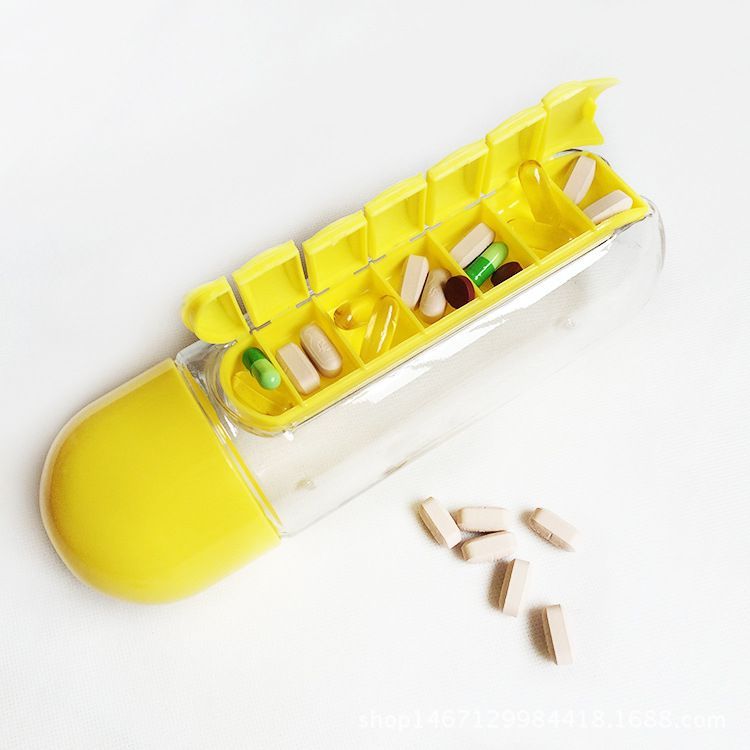 Pill Organizer Water Bottle 7 Day Medicine Holder With Weekly Dispensers Capsule Drink Bottle