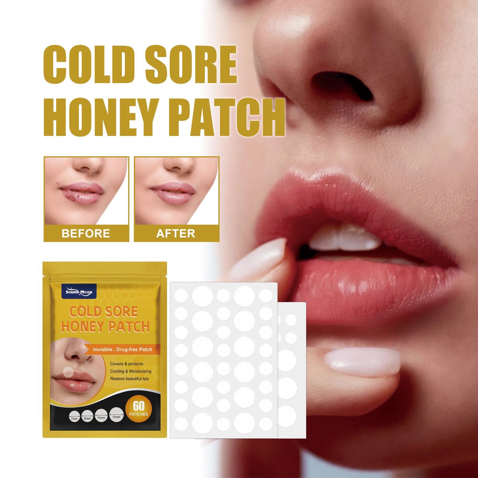 Cold Sore Honey Patch, Lip Care, Herpes Relief, Hydrocolloid Blister Patch ,60patches