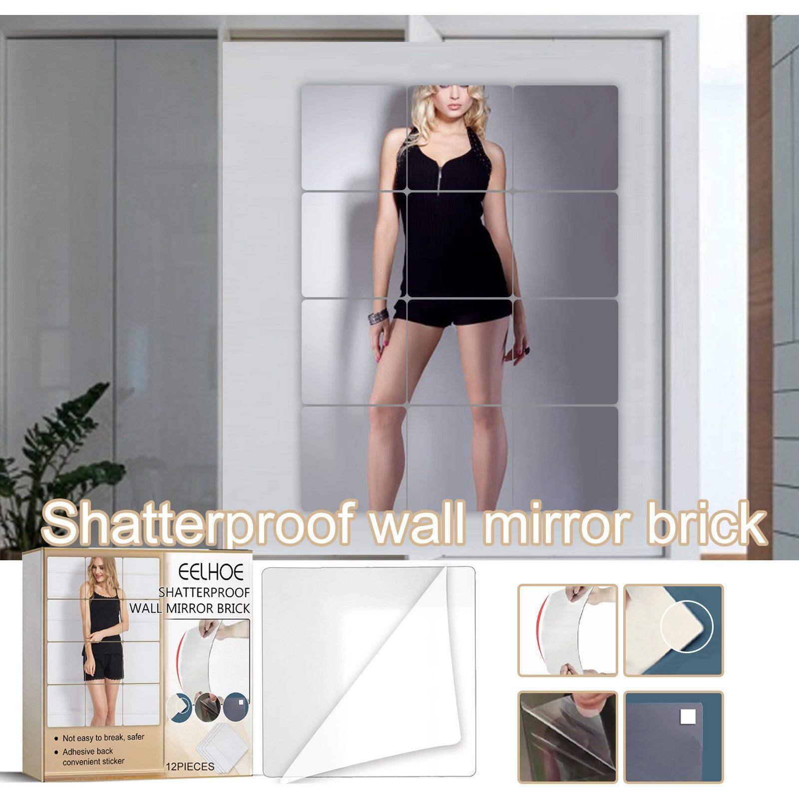 Anti-Fall Wall Mirror, Easy Install, Safe Full Body Mirror for Smooth Walls ,12pcs