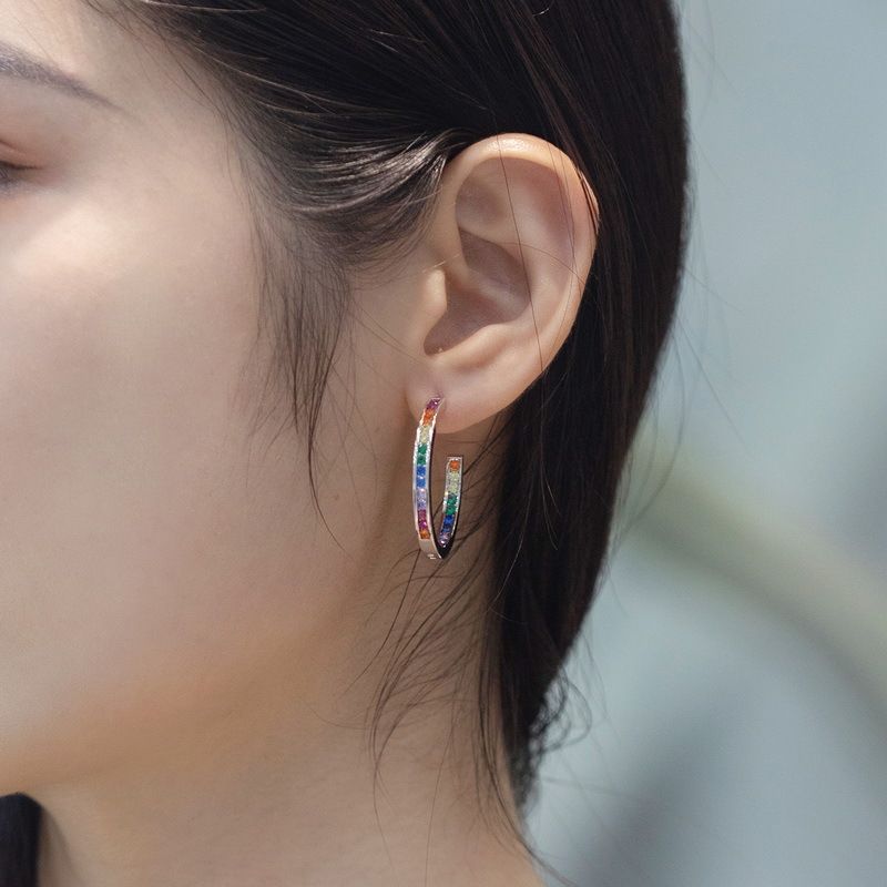 Platinum Hoop Earrings 925 Silver Woman Round Color Zircon Ear Rings Fine Jewely