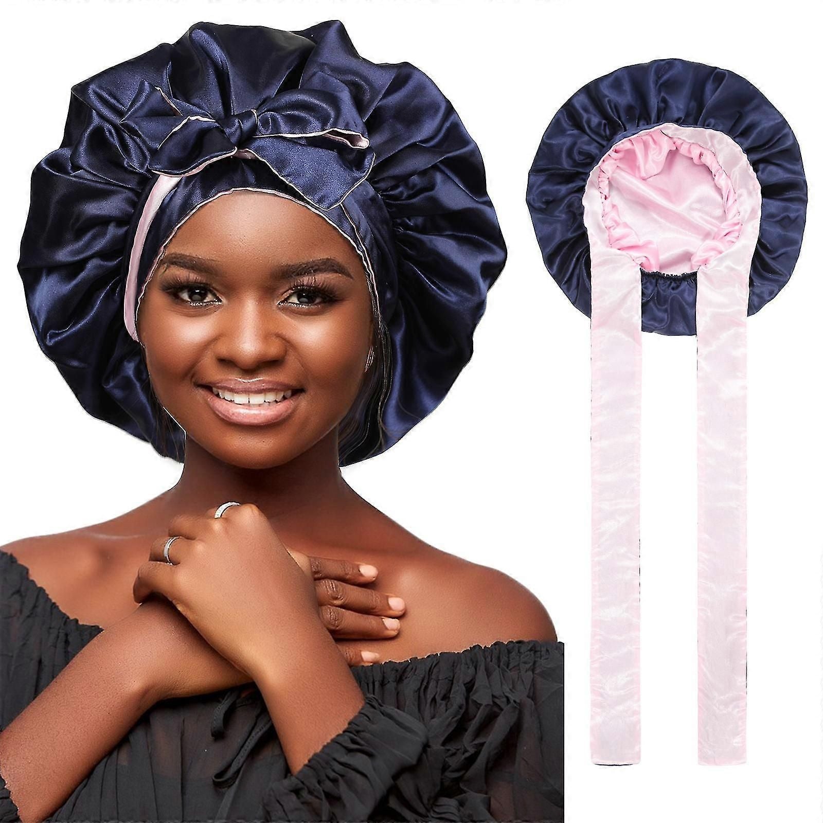 Double Layer Satin Bonnet Hair Wrap With Tie Band Night Cap For Women