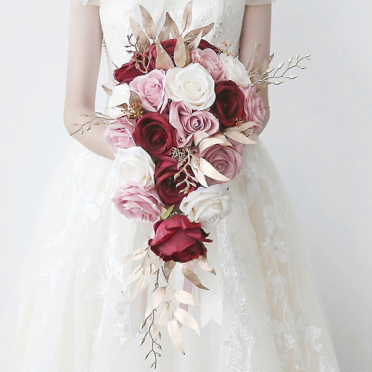 European Bridal Bouquet With Artificial Silk Flowers and Ribbon