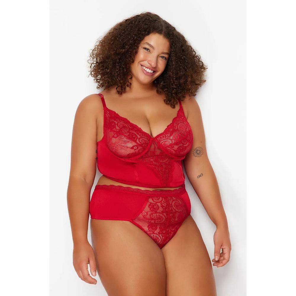 Large Size Red Lace Detailed Bustier-Panties Underwear Sets
