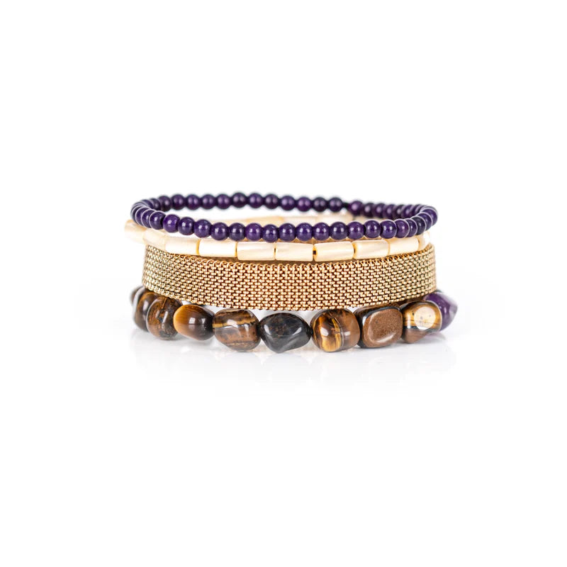 The Dark Amethyst Tiger Eye & Gold Mesh Bracelet Stack