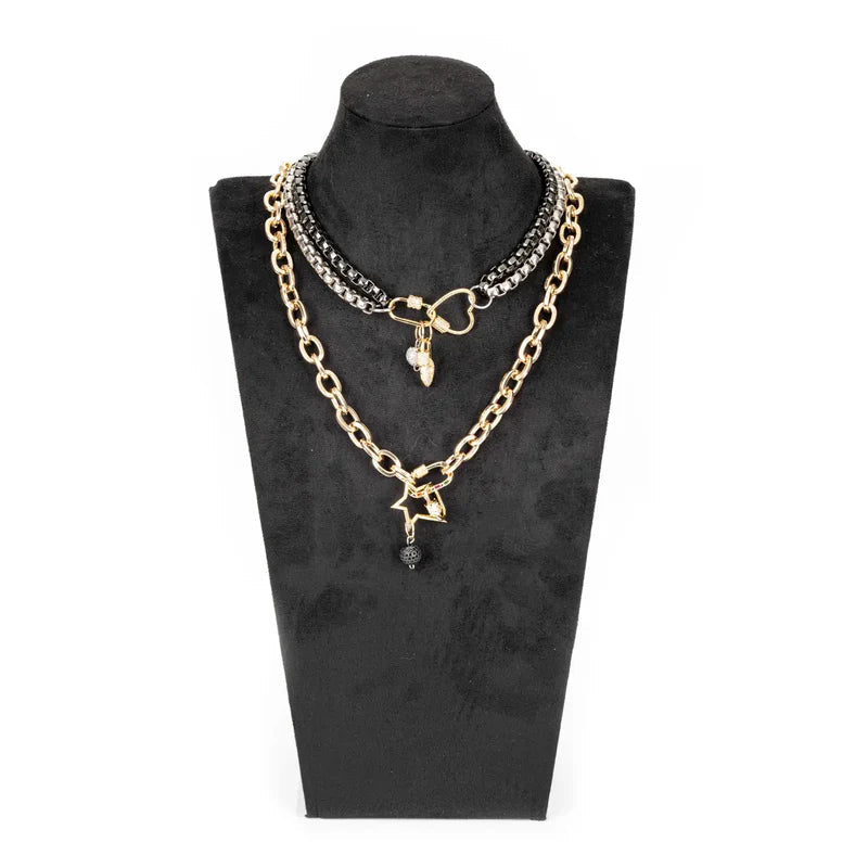 The Dark Mixed Metal Chain Necklace with Lock & Charms