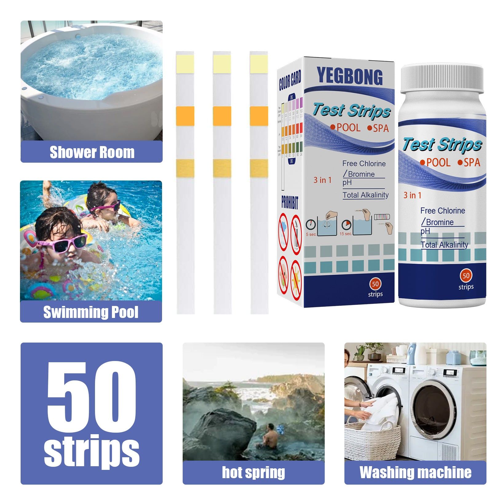 Accurate Water Quality Test Strips, Pool Chlorine, pH, Alkalinity, Hardness ,50pcs