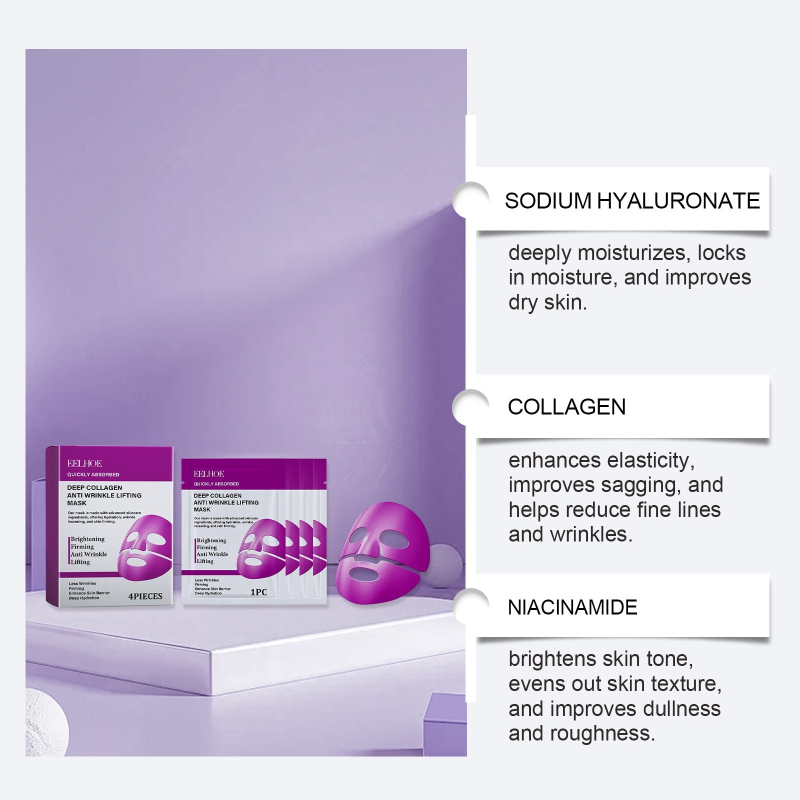 Collagen Facial Care Mask, Hydrating, Anti-Aging, Moisturizing, Youthful Skin ,4pieces