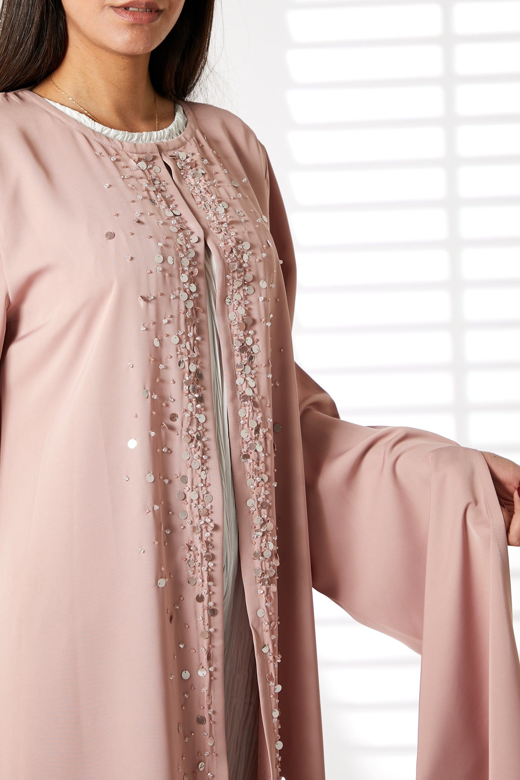 MOiSTREET Pink Round Neck Nida  Split Cuffs Embroidered Abaya