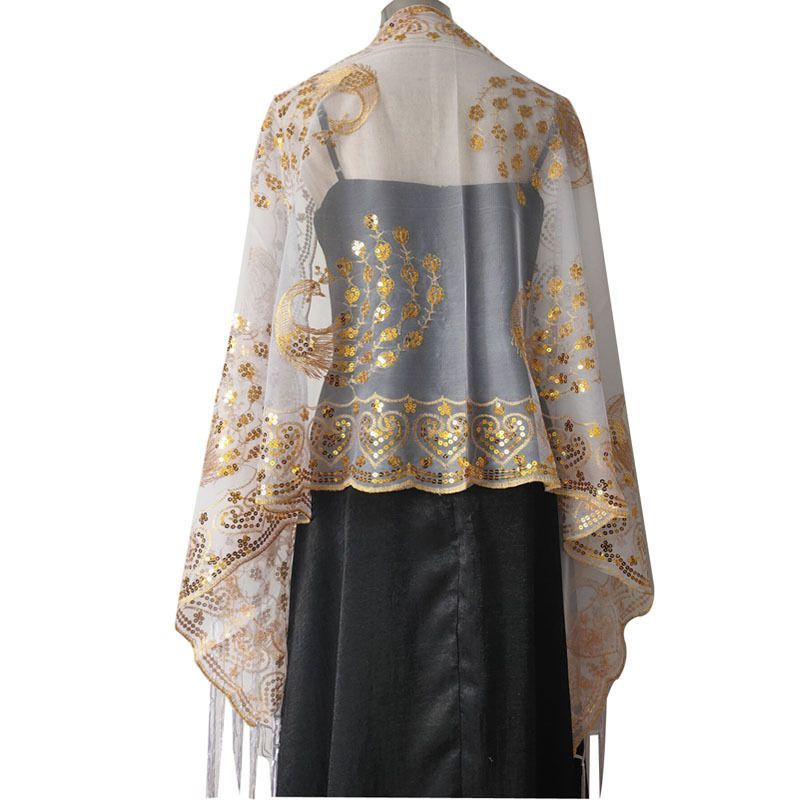 Gold Peacock Embroidered Shawl Wrap for Women Evening