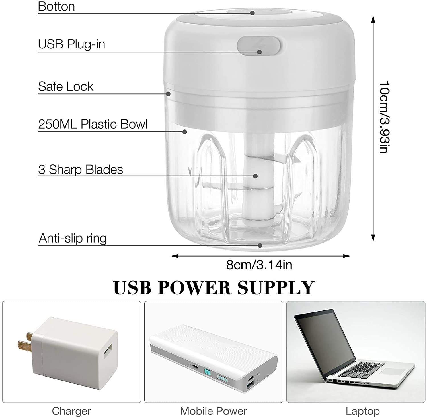 Electric Chopper Garlic Onion Cutter Fruit Meat Multi Chopper With USB Charging 250ml