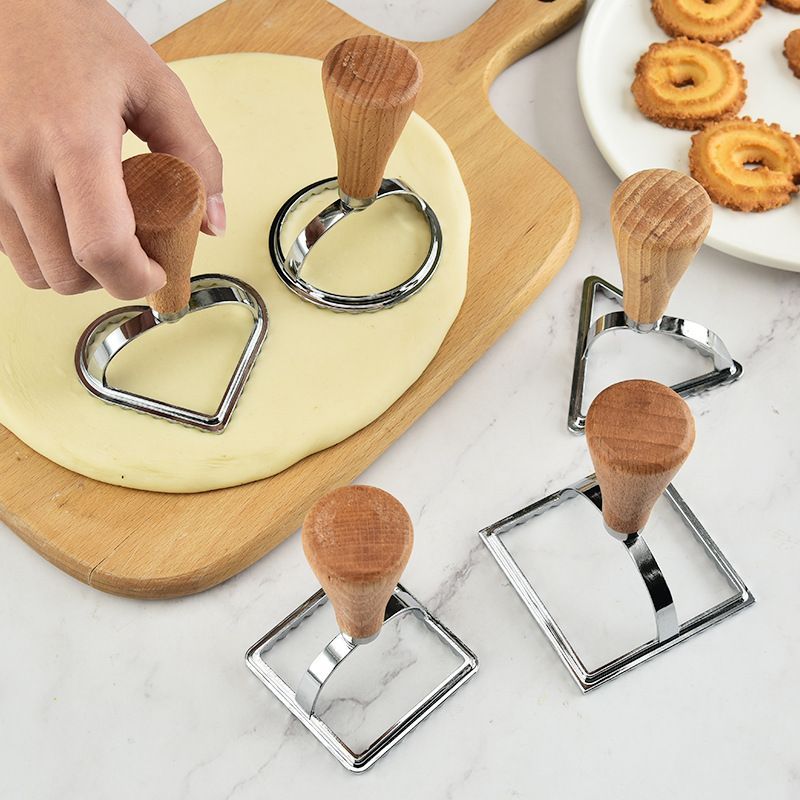5 Pack Cookie Stamp Maker Cutter Wooden Handle Lace Pastry Mold With Fluted Edge