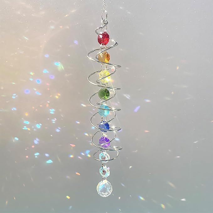 Suncatcher Wind Spinner Gazing Ball Spiral Tail Crystal Sun Catchers with Seven Chakra Beads