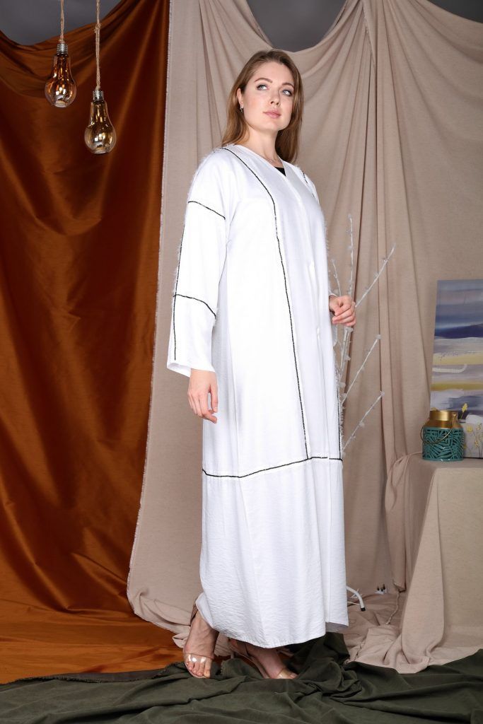 MOiSTREET Fringe with white Beaded Embroidery Abaya