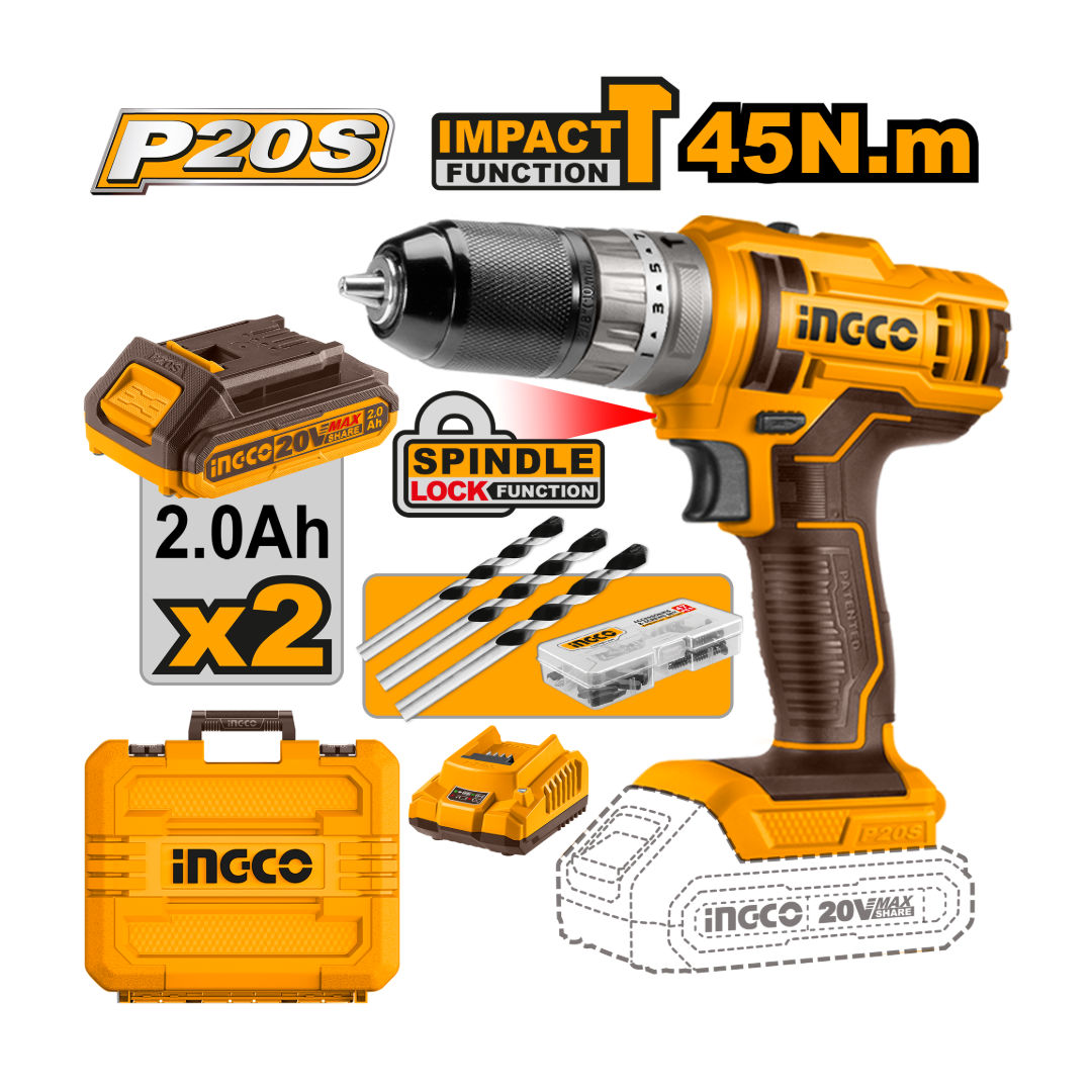 INGCO Brushless Cordless Drill Kit, 20V