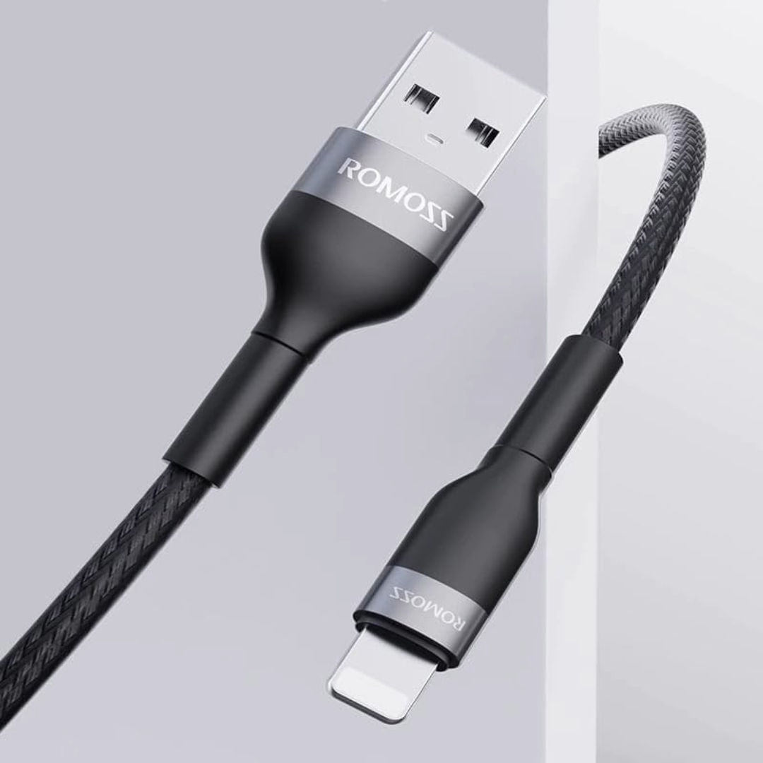 Romoss USB-A To Lightning Data Charging Nylon Braided Cable, 2.4A, Black
