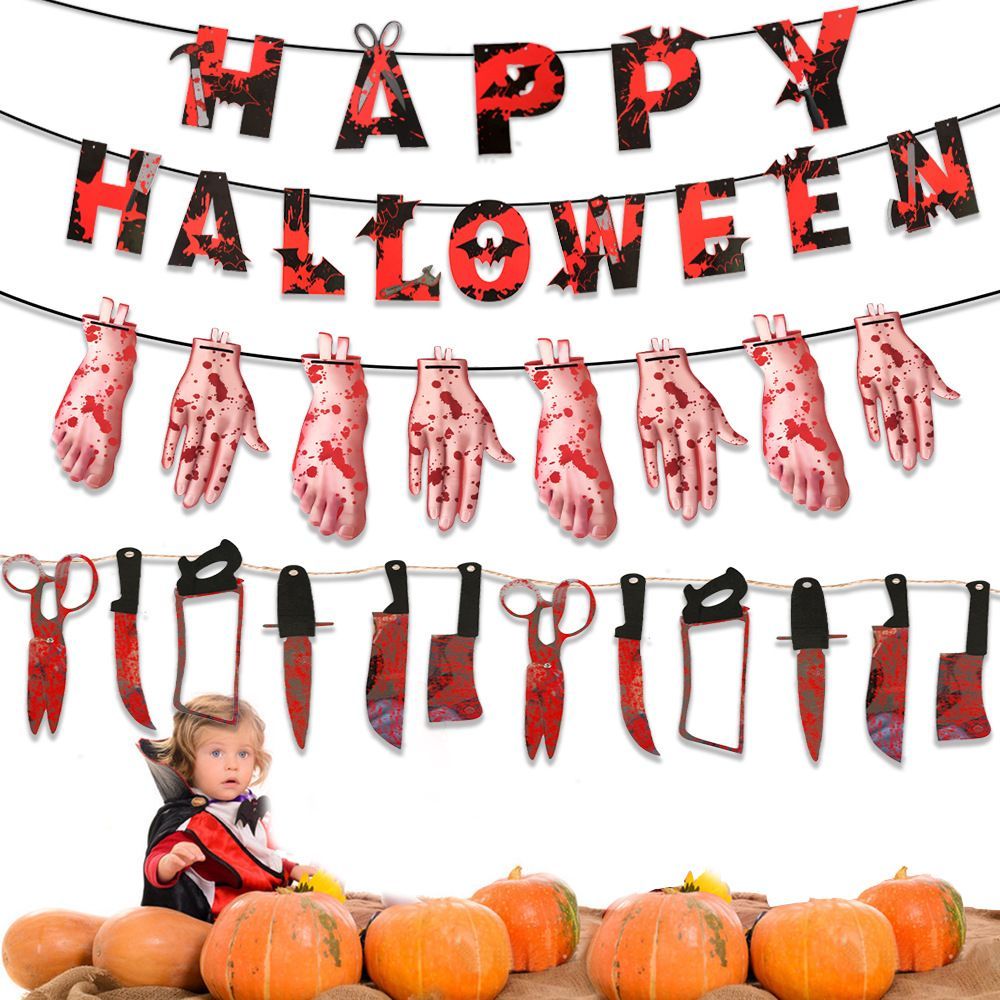 3pcs Halloween Paper Banner Bloody Scary Hanging Decoration Party Supplies