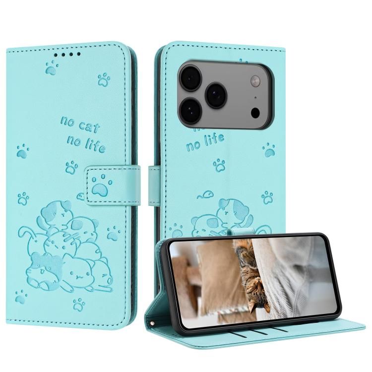 For iPhone 18 Pro Max / iPhone 17 Pro Max Embossed Kitten Phone Leather Case with Lanyard