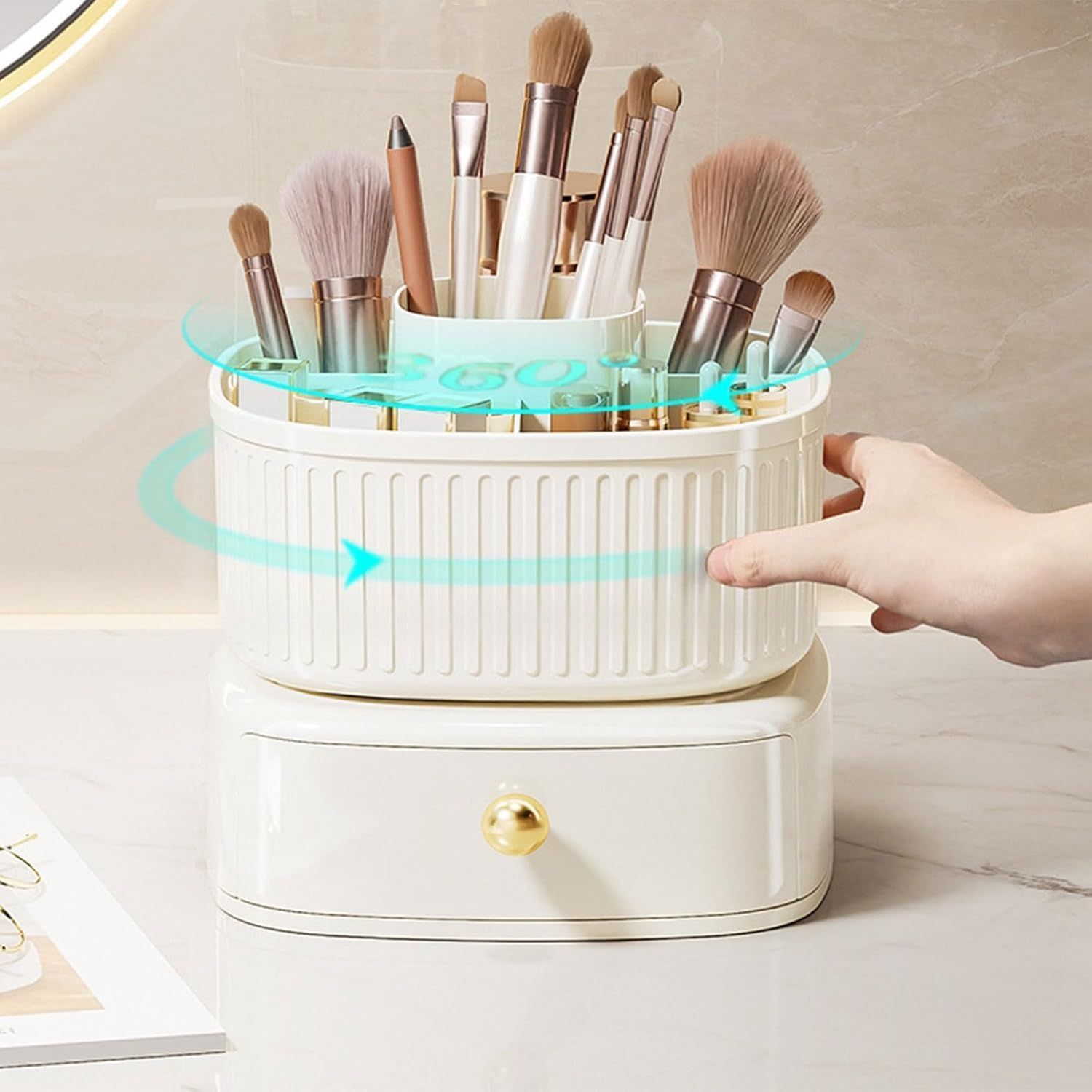 Rotatable Makeup Organizer Square Makeup Brush Holder With Drawer Display Case Jewelry Organizer