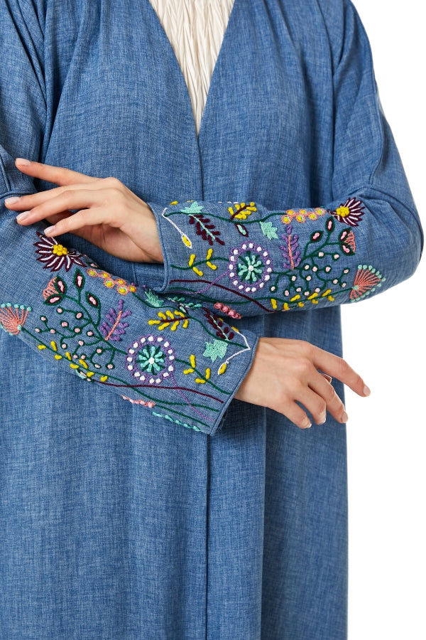 MOiSTREET Blue CEY Melange Embroidered Abaya Narrow Sleeves