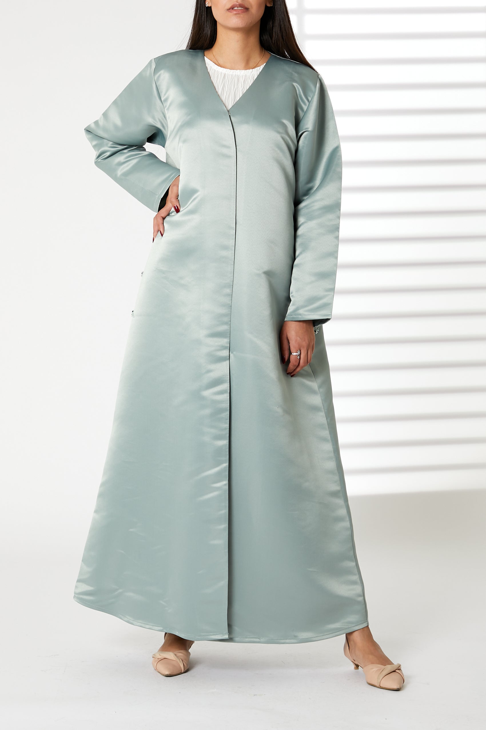 MOiSTREET Greenish Cyan Bridal Satin Embroidered Abaya