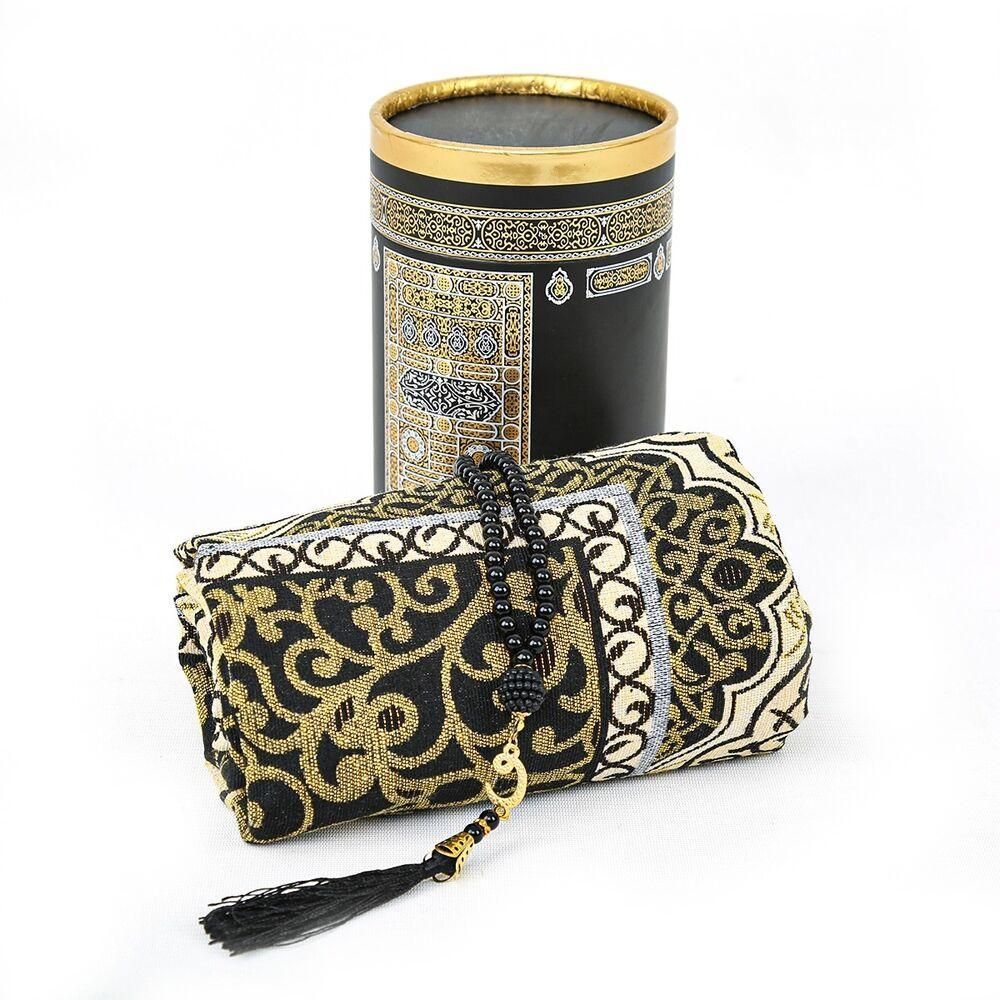 Muslim Prayer Rug And Beads With Elegant Design Cylinder Gift Box Set