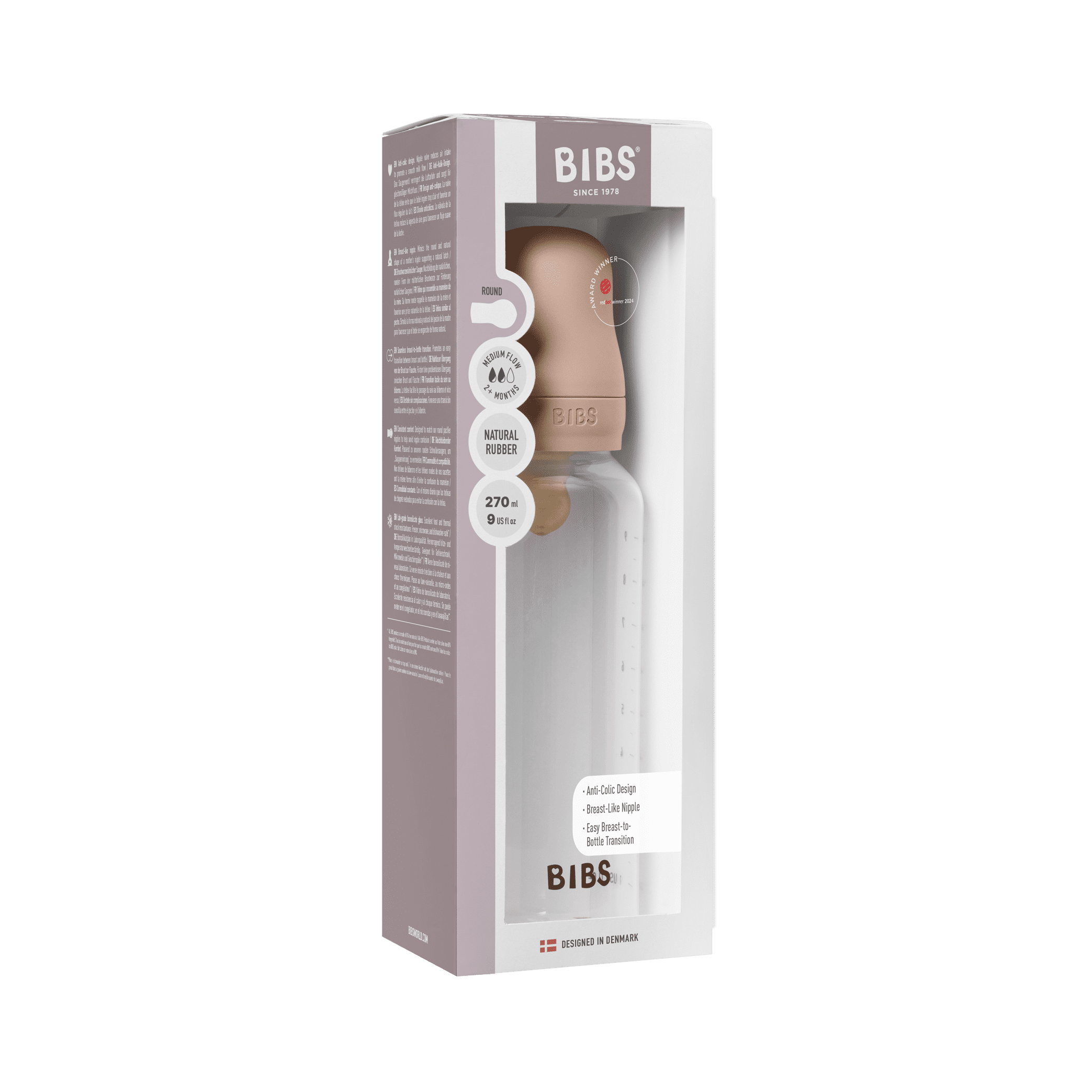 BIBS Baby Bottle with Round Latex Nipple – 270 ml Medium Flow | Blush