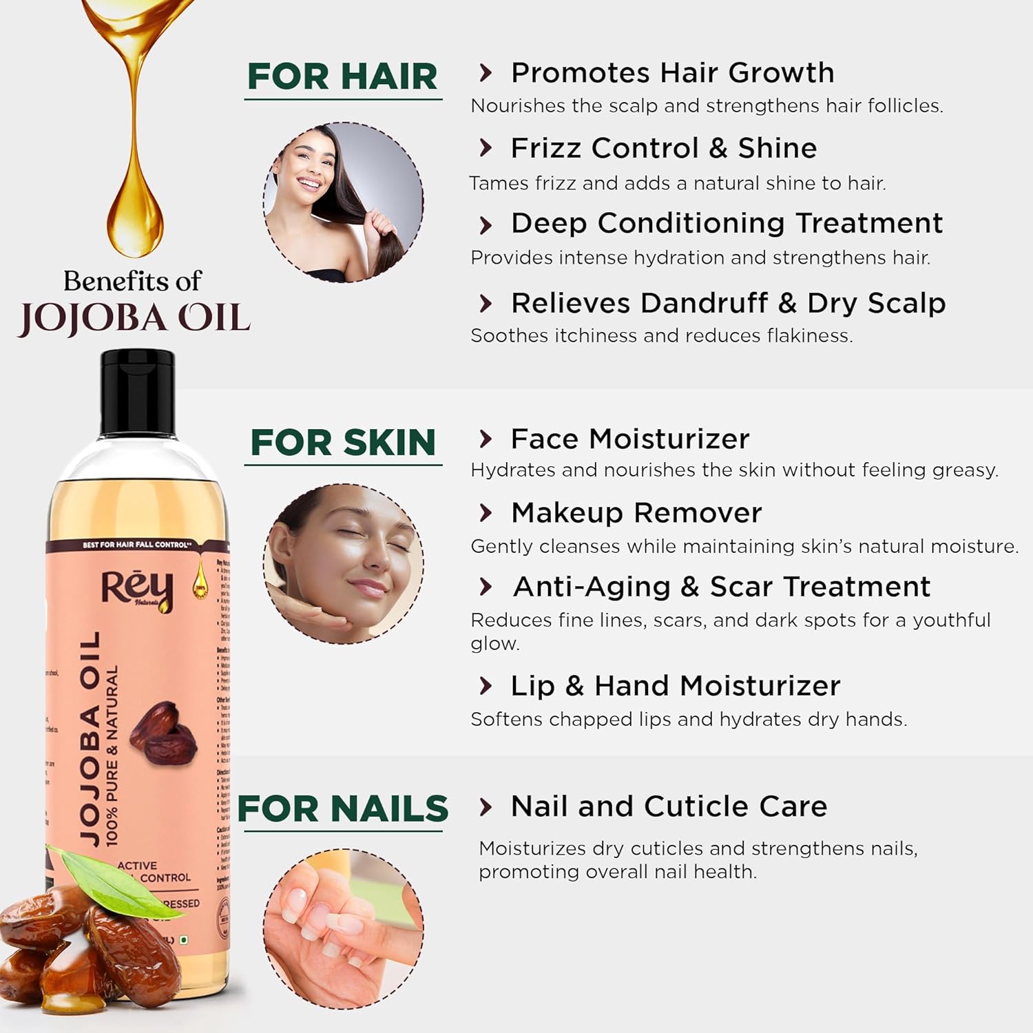 Rey Naturals Cold Pressed Jojoba Oil For Hair Growth 200 ml