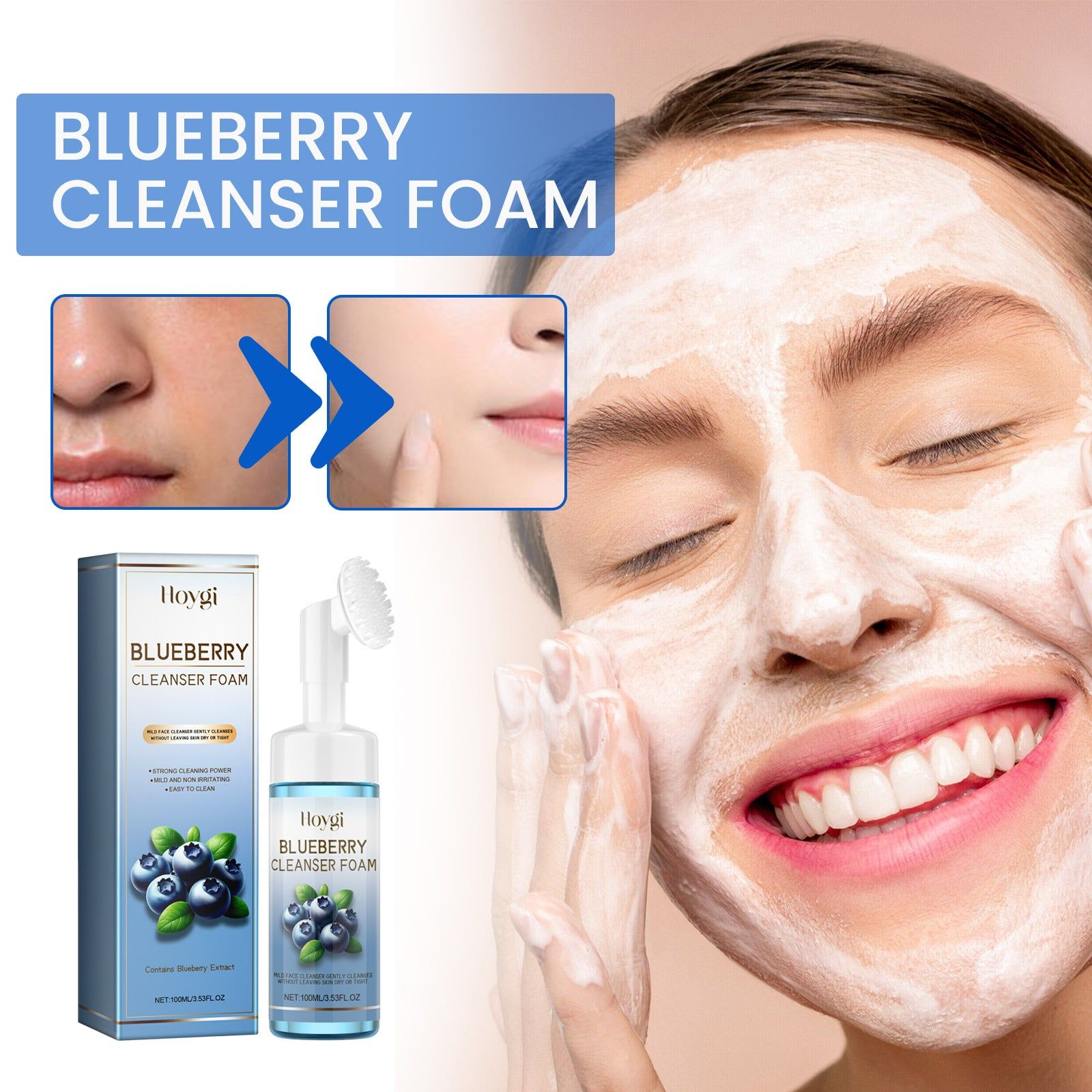 Blueberry Facial Cleansing Foam, Deep Pore Cleanser, Gentle & Refreshing Skin Care ,100ml