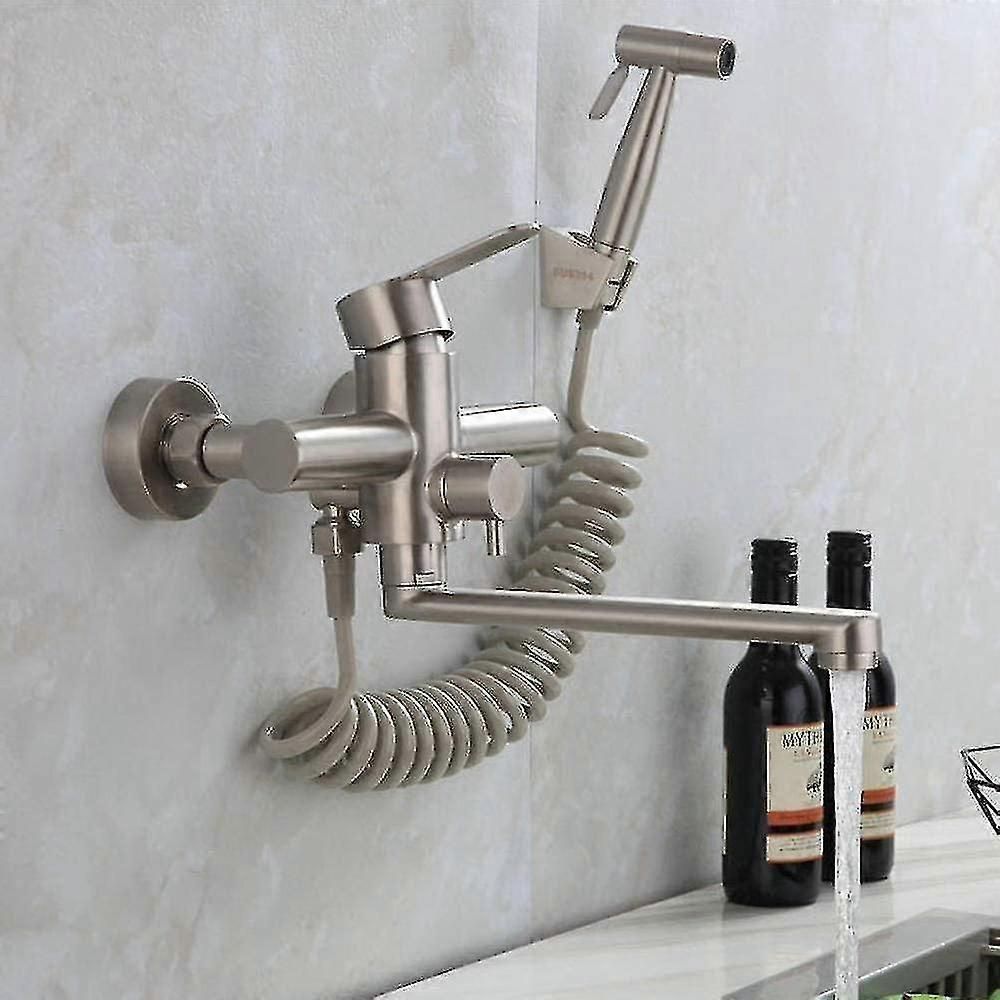Wall Mounted Kitchen Faucet With Spray Gun Hot Cold Tap