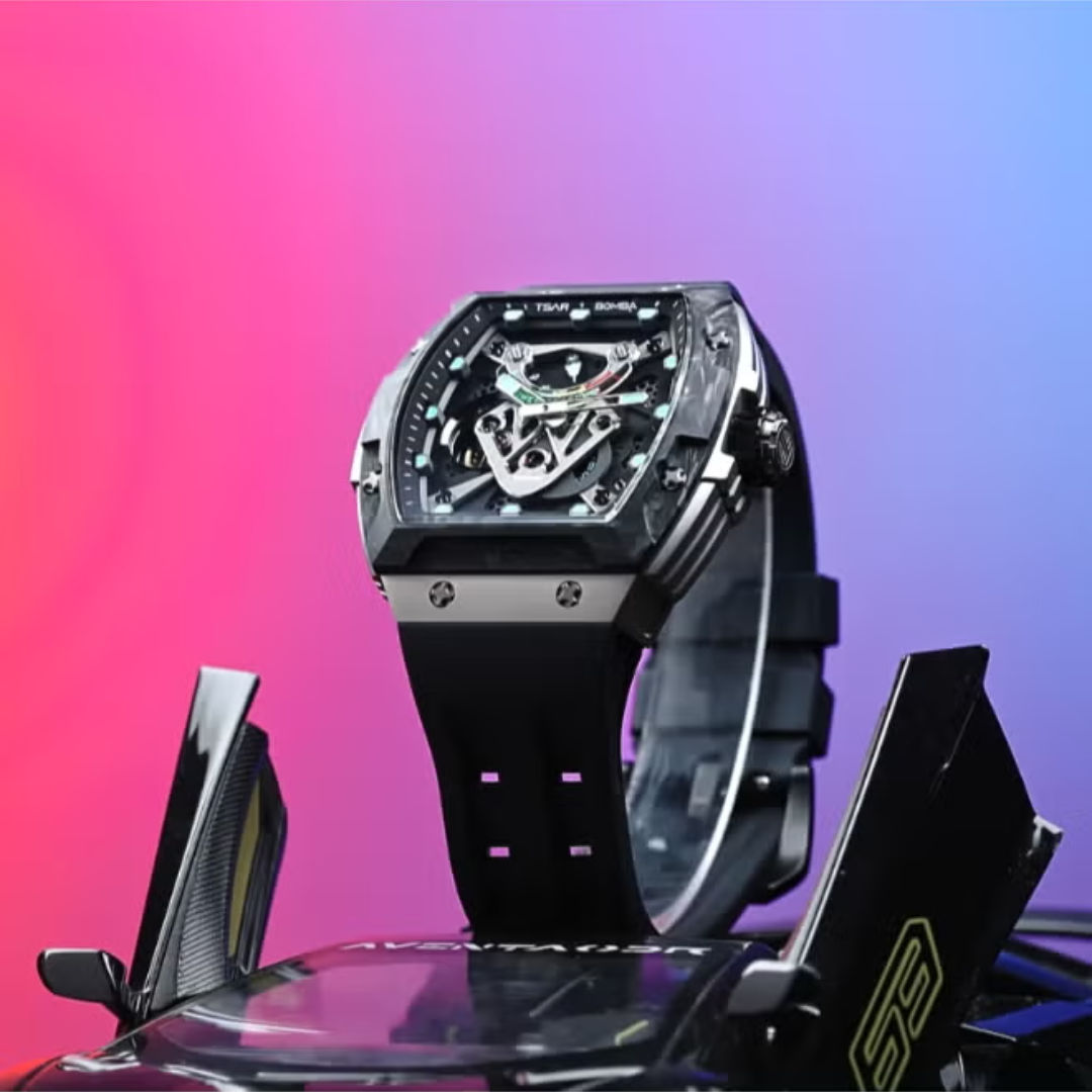 TSAR Bomba Men's Tonneau Automatic Black Case black Silicon Watch