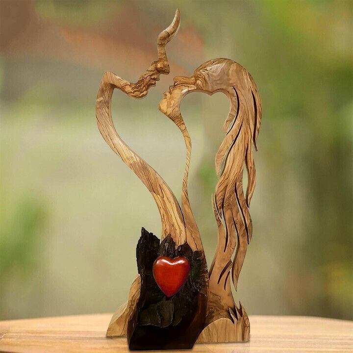 Wooden Lovers Statue Eternal Love Handmade Abstract Sculpture Ornament