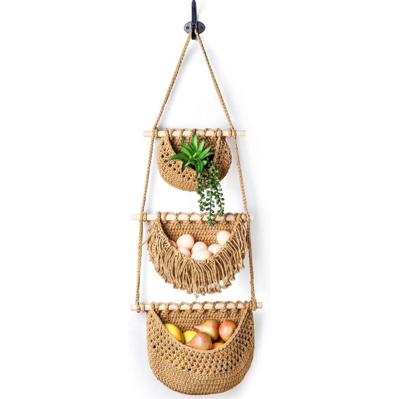 3 Tier Hanging Fruit Basket Woven Cotton Wall Mounted Storage Baskets for Kitchen Bedroom