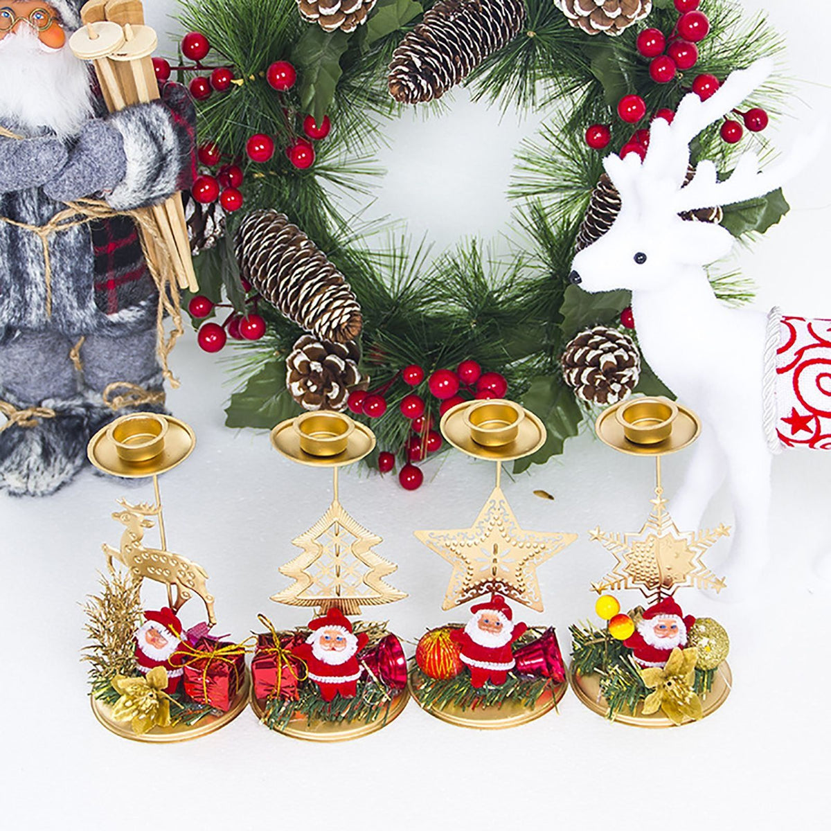 4pcs Christmas Candle Holders  Metal Candlestick Candle Stand Tabletop Decoration