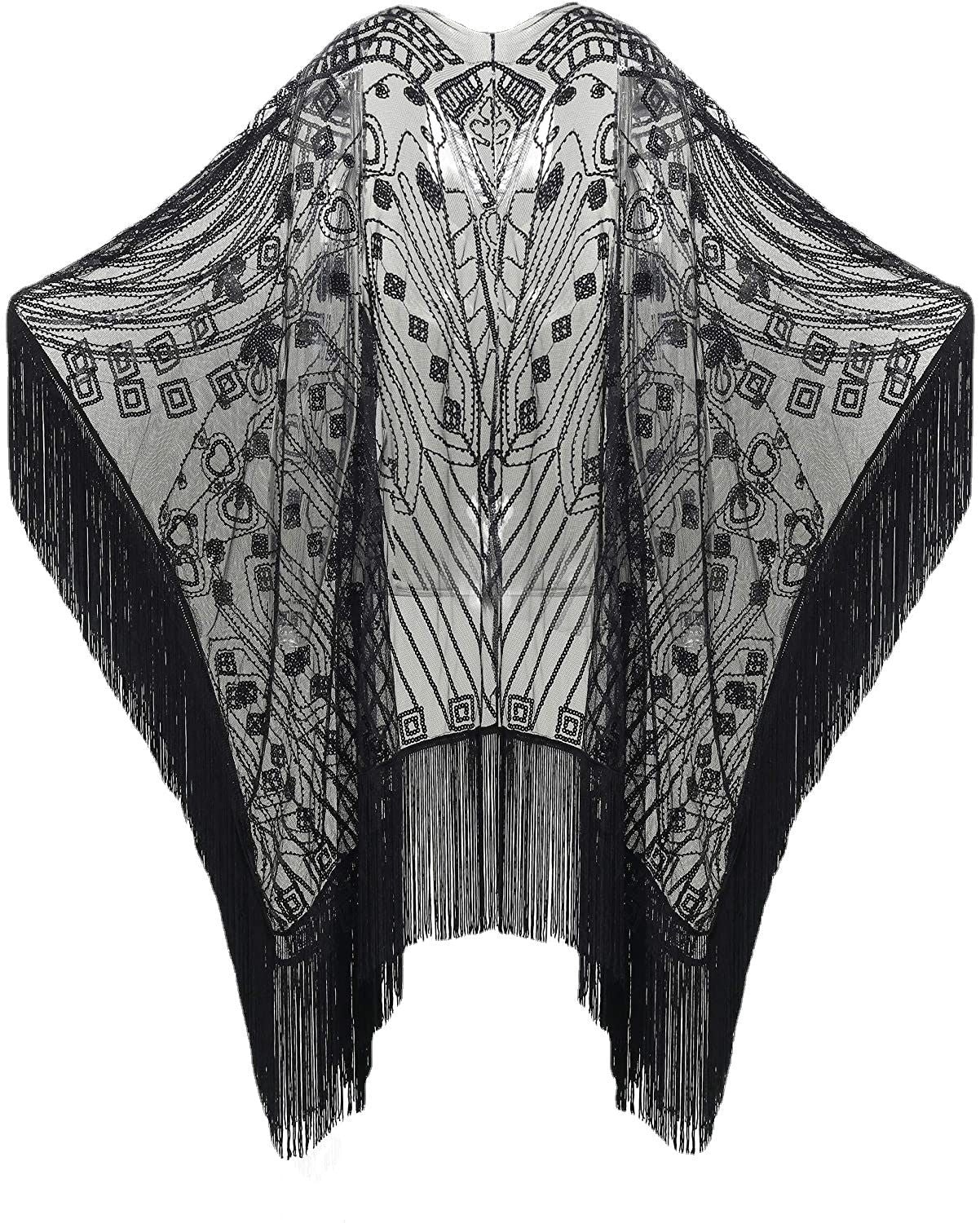 1920s Black Beaded Fringe Shawl Vintage Flapper Wrap