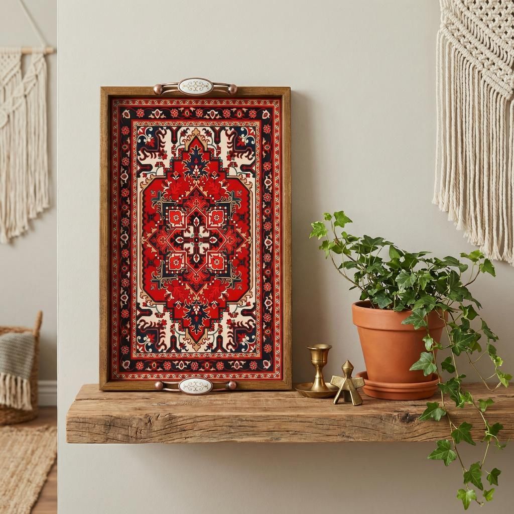 Persian Rug Style Wooden Serving Tray with Handles – Oriental Moroccan Pattern Coffee Table Decor, Boho Tea Serving Tray