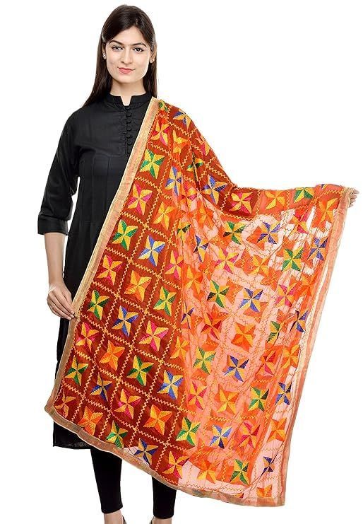 Punjabi Hand Embroidery Phulkari Faux Chiffon Dupatta, Stoles